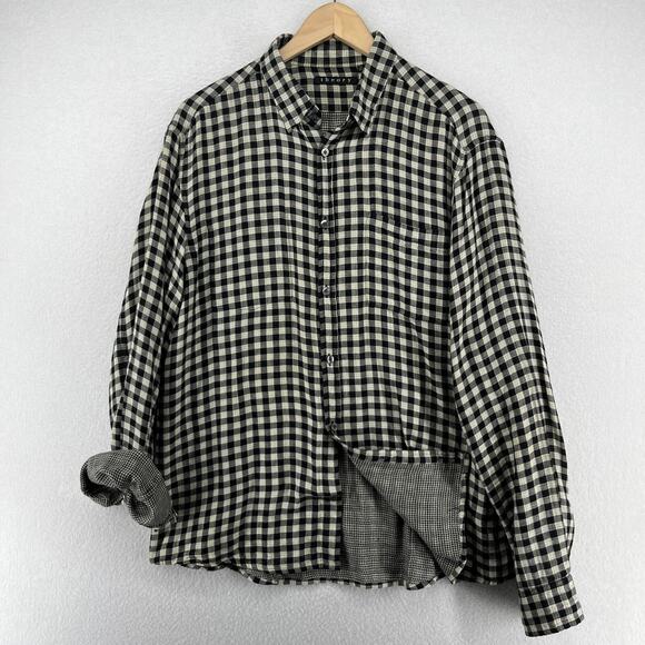 THEORY Shirt Mens XL Cotton Wool Gauze Gingham Check Button Up Double Face Black - Picture 1 of 16